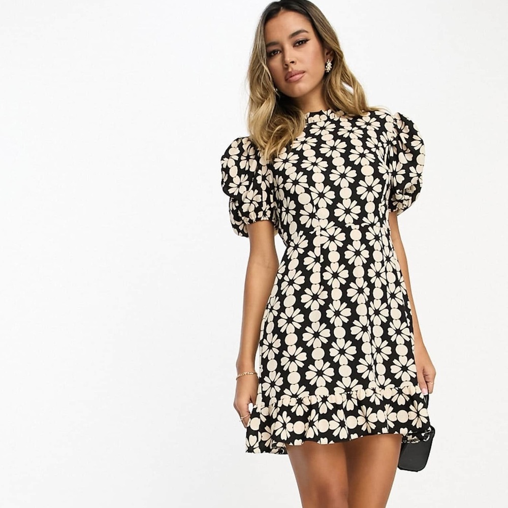 Black Mini Dress with Cream Floral Print